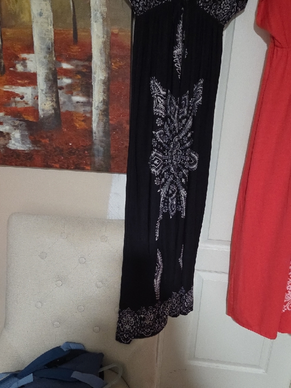 Women's Coral V-Neck Maxi Dress with White Print - Soft Jersey - Picture 5 of 11